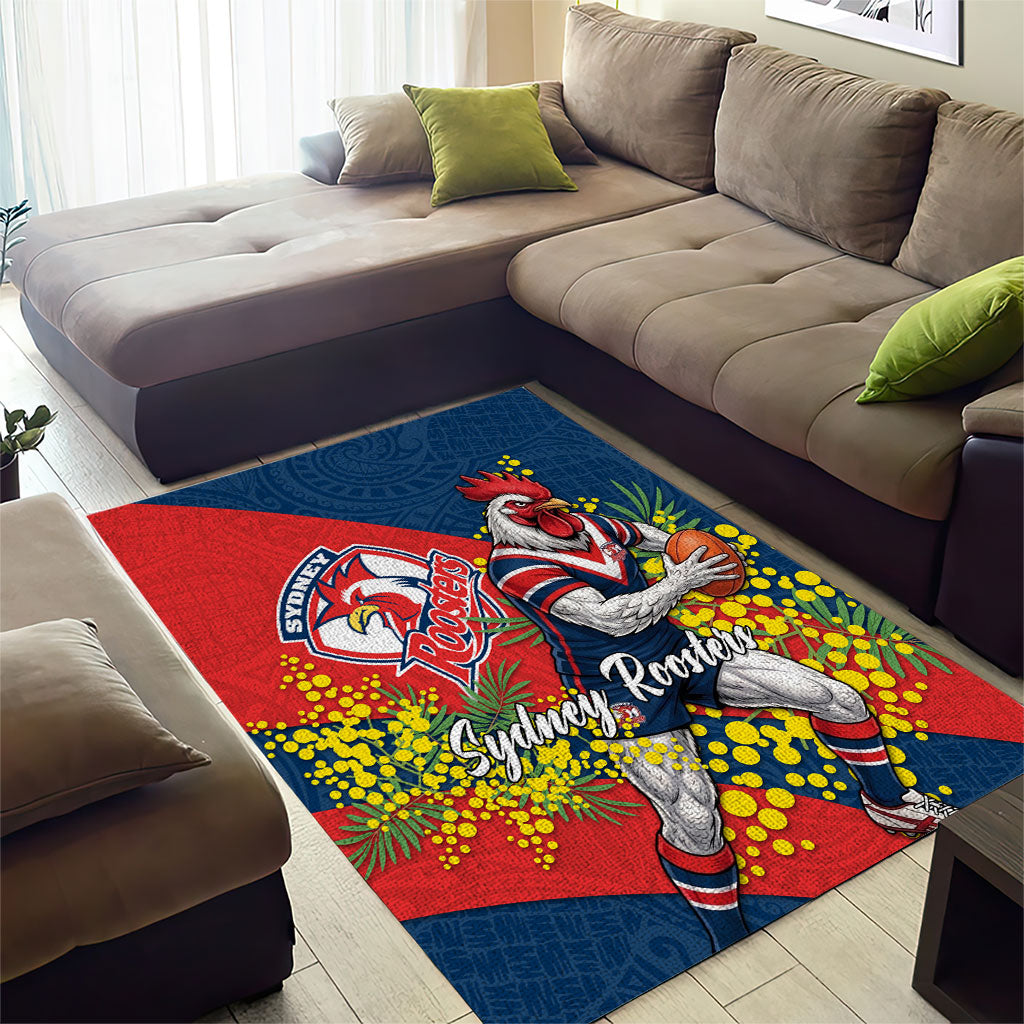 Sydney Roosters Area Rug Golden Wattle Floral Polynesian - Australian Flower - Rugby Mascot