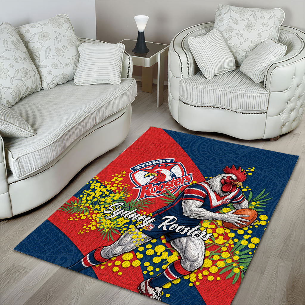 Sydney Roosters Area Rug Golden Wattle Floral Polynesian - Australian Flower - Rugby Mascot