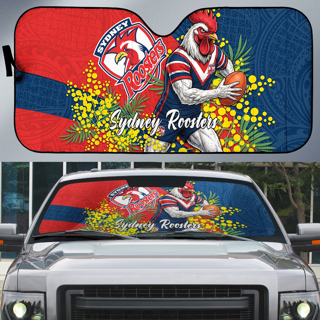Sydney Roosters Auto Sun Shade Golden Wattle Floral Polynesian - Australian Flower - Rugby Mascot