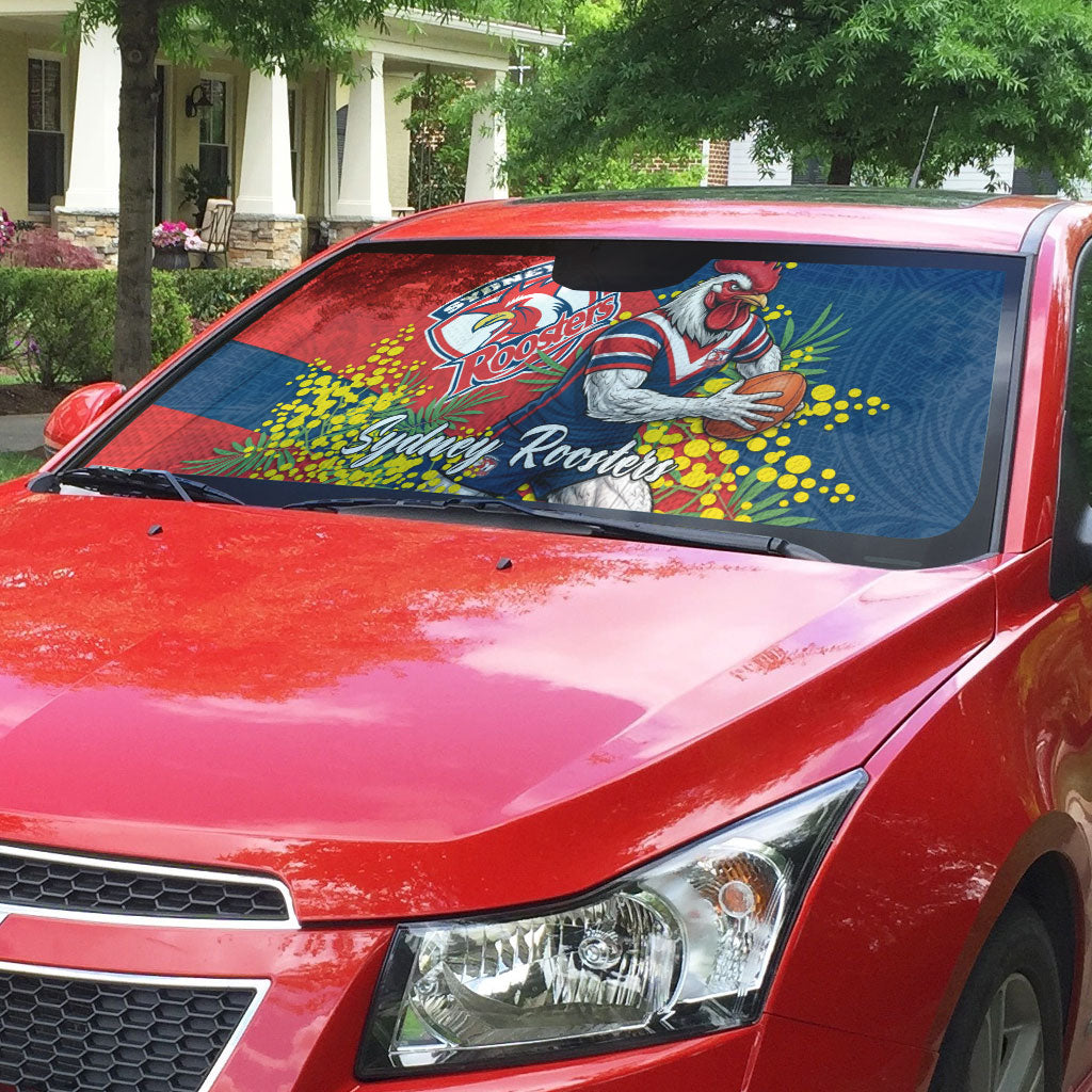 Sydney Roosters Auto Sun Shade Golden Wattle Floral Polynesian - Australian Flower - Rugby Mascot