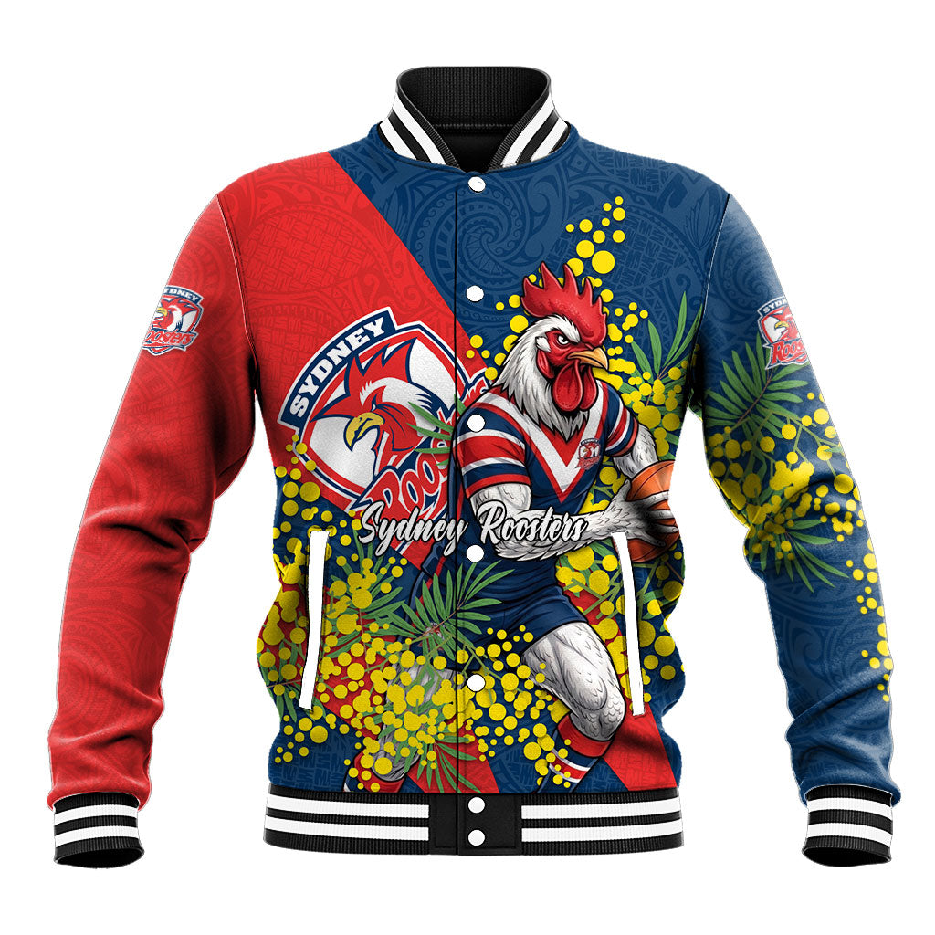 Sydney Roosters Baseball Jacket Golden Wattle Floral Polynesian - Australian Flower - Rugby Mascot