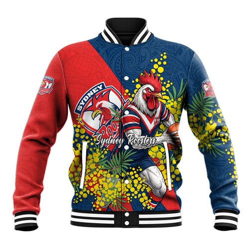 Sydney Roosters Baseball Jacket Golden Wattle Floral Polynesian - Australian Flower - Rugby Mascot