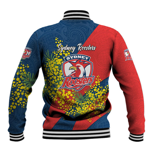 Sydney Roosters Baseball Jacket Golden Wattle Floral Polynesian - Australian Flower - Rugby Mascot