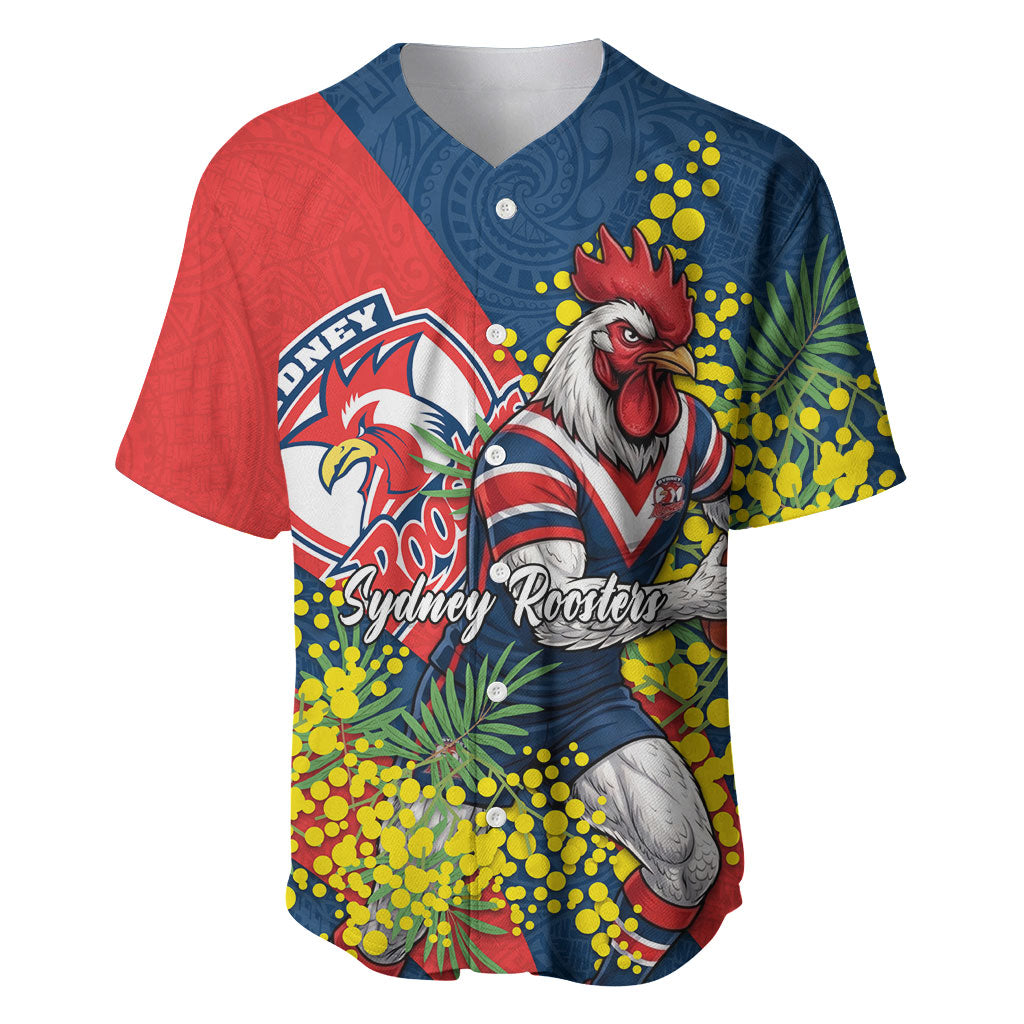 Sydney Roosters Baseball Jersey Golden Wattle Floral Polynesian - Australian Flower - Rugby Mascot