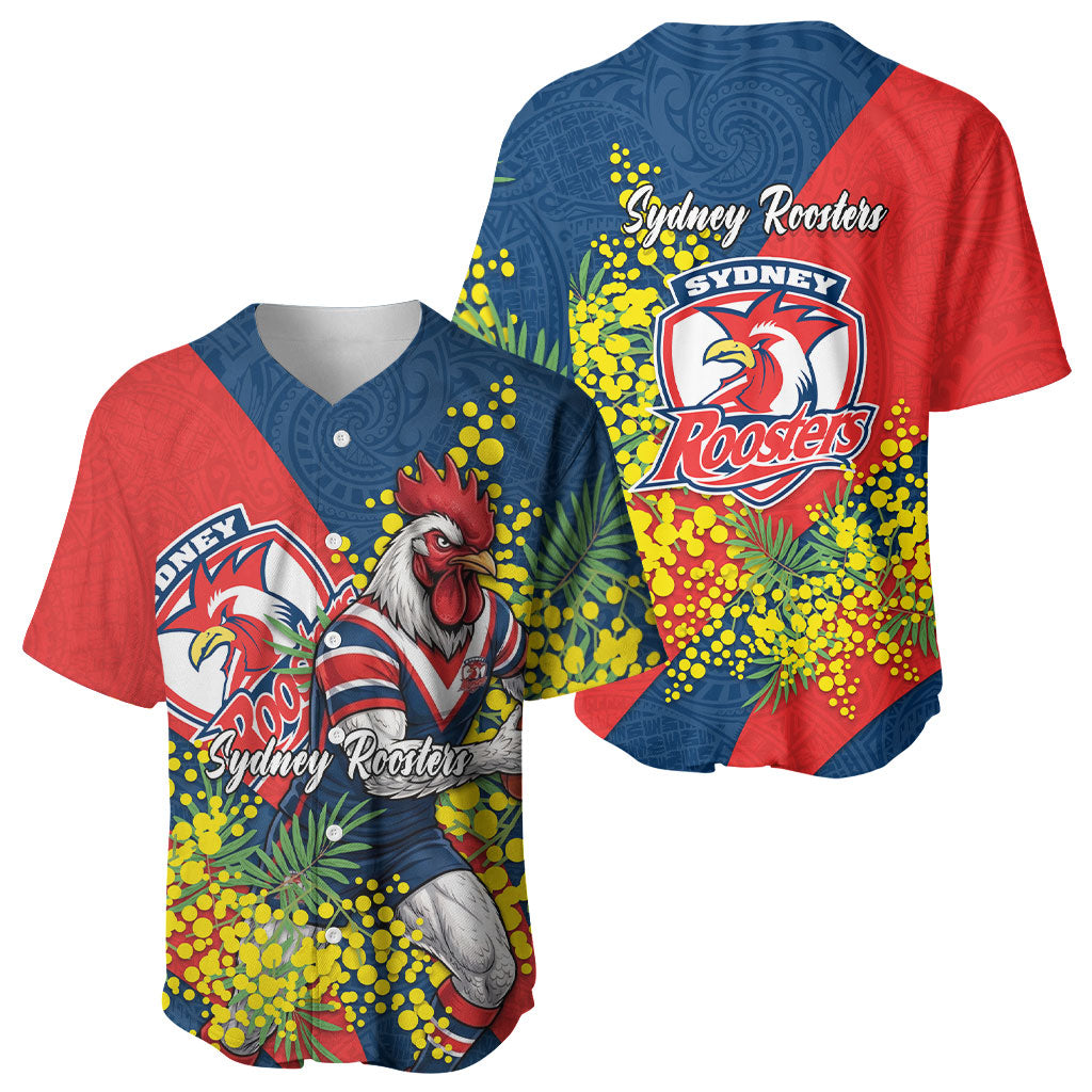 Sydney Roosters Baseball Jersey Golden Wattle Floral Polynesian - Australian Flower - Rugby Mascot