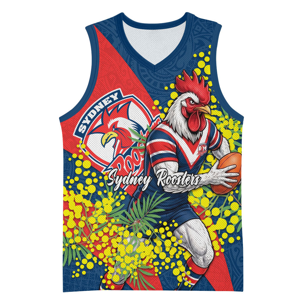 Sydney Roosters Basketball Jersey Golden Wattle Floral Polynesian - Australian Flower - Rugby Mascot