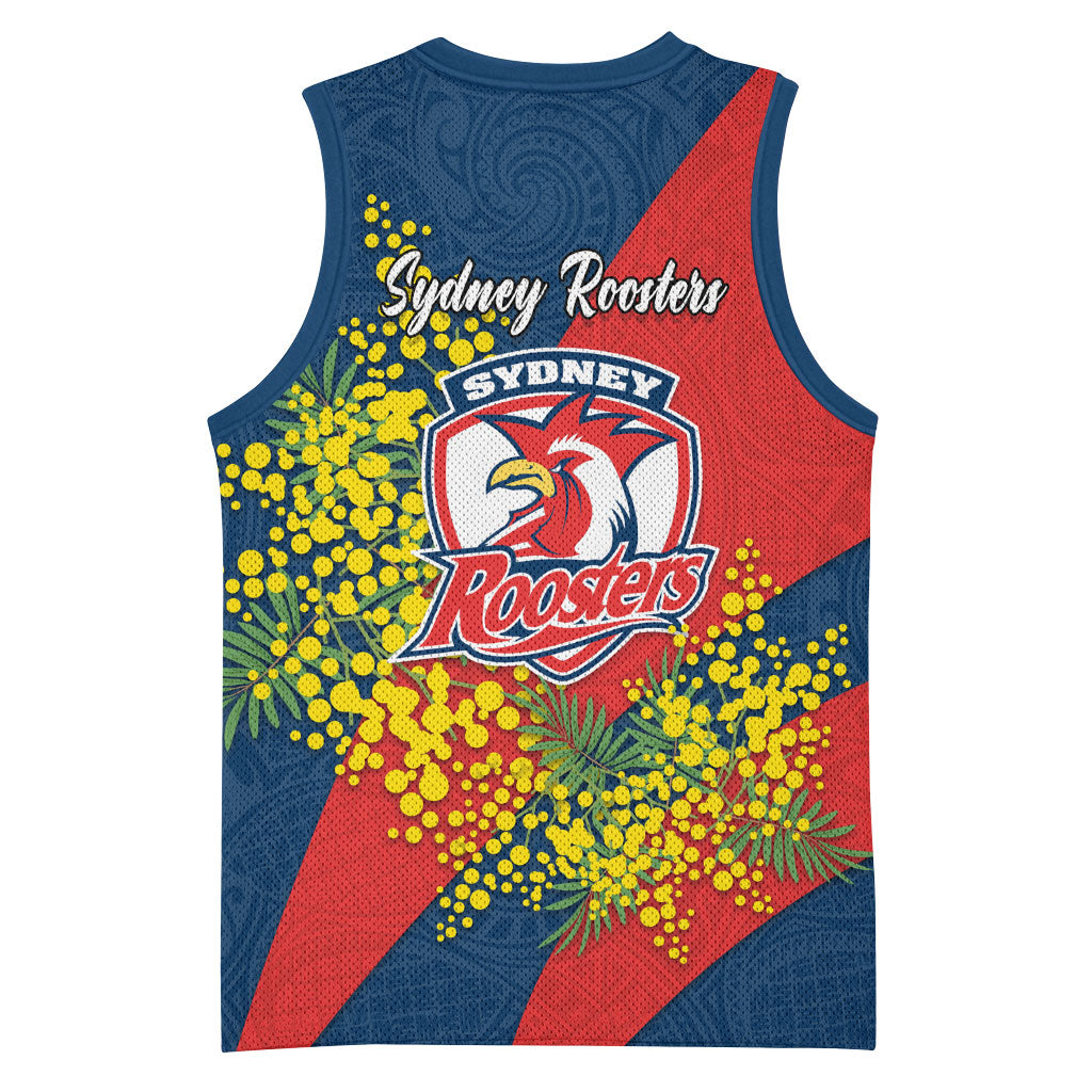 Sydney Roosters Basketball Jersey Golden Wattle Floral Polynesian - Australian Flower - Rugby Mascot