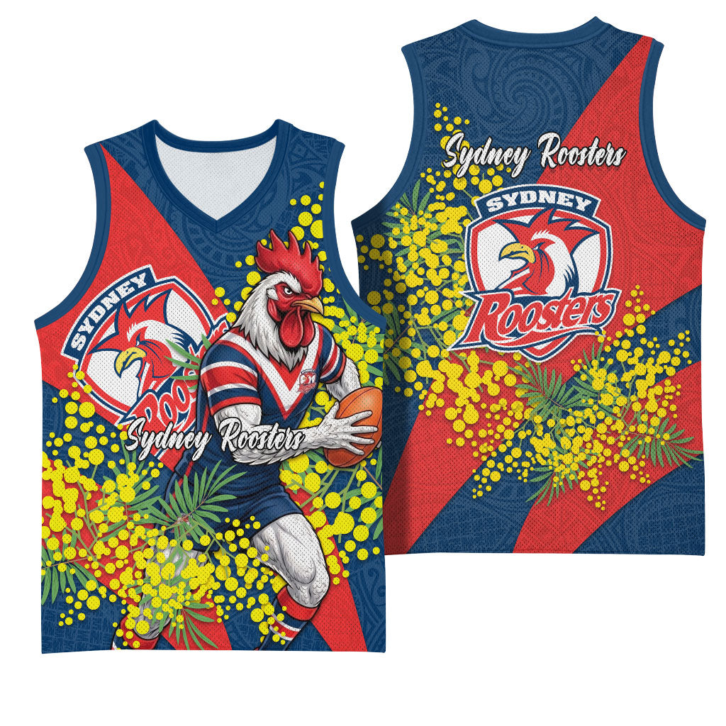 Sydney Roosters Basketball Jersey Golden Wattle Floral Polynesian - Australian Flower - Rugby Mascot