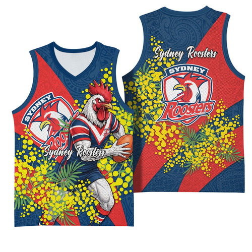 Sydney Roosters Basketball Jersey Golden Wattle Floral Polynesian - Australian Flower - Rugby Mascot
