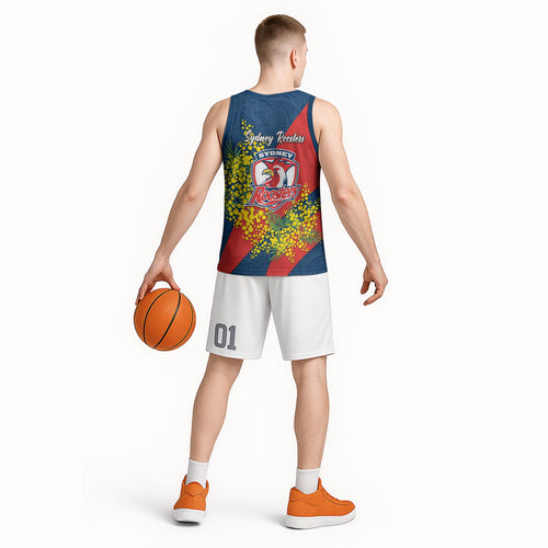 Sydney Roosters Basketball Jersey Golden Wattle Floral Polynesian - Australian Flower - Rugby Mascot