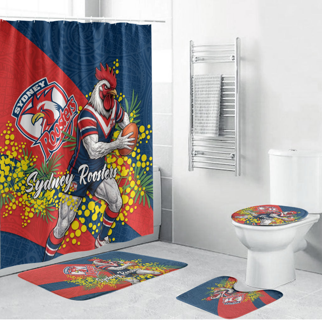Sydney Roosters Bathroom Set Golden Wattle Floral Polynesian - Australian Flower - Rugby Mascot