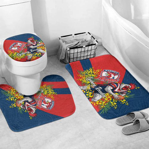 Sydney Roosters Bathroom Set Golden Wattle Floral Polynesian - Australian Flower - Rugby Mascot
