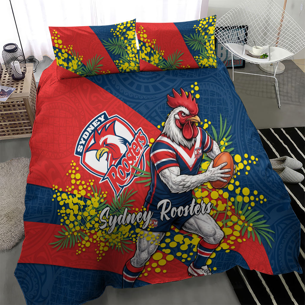 Sydney Roosters Bedding Set Golden Wattle Floral Polynesian - Australian Flower - Rugby Mascot