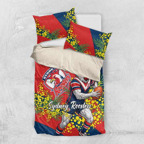 Sydney Roosters Bedding Set Golden Wattle Floral Polynesian - Australian Flower - Rugby Mascot