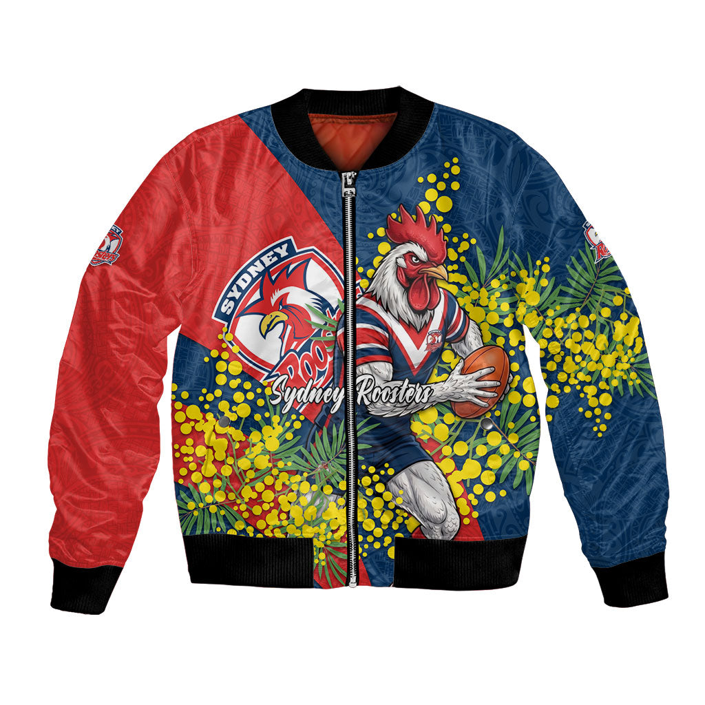 Sydney Roosters Bomber Jacket Golden Wattle Floral Polynesian - Australian Flower - Rugby Mascot