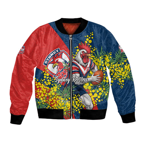 Sydney Roosters Bomber Jacket Golden Wattle Floral Polynesian - Australian Flower - Rugby Mascot