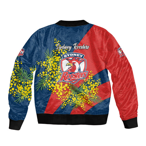 Sydney Roosters Bomber Jacket Golden Wattle Floral Polynesian - Australian Flower - Rugby Mascot