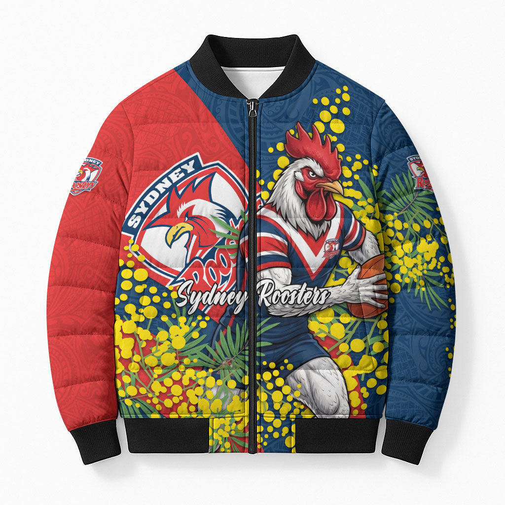 Sydney Roosters Bomber Puffer Jacket Golden Wattle Floral Polynesian - Australian Flower - Rugby Mascot