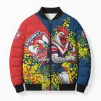 Sydney Roosters Bomber Puffer Jacket Golden Wattle Floral Polynesian - Australian Flower - Rugby Mascot