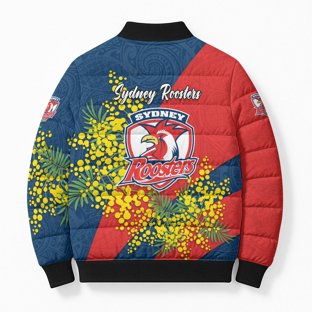 Sydney Roosters Bomber Puffer Jacket Golden Wattle Floral Polynesian - Australian Flower - Rugby Mascot