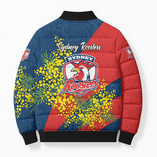Sydney Roosters Bomber Puffer Jacket Golden Wattle Floral Polynesian - Australian Flower - Rugby Mascot