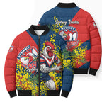 Sydney Roosters Bomber Puffer Jacket Golden Wattle Floral Polynesian - Australian Flower - Rugby Mascot