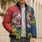 Sydney Roosters Bomber Puffer Jacket Golden Wattle Floral Polynesian - Australian Flower - Rugby Mascot