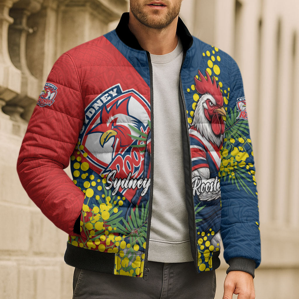 Sydney Roosters Bomber Puffer Jacket Golden Wattle Floral Polynesian - Australian Flower - Rugby Mascot
