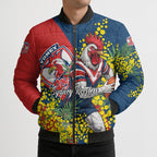 Sydney Roosters Bomber Puffer Jacket Golden Wattle Floral Polynesian - Australian Flower - Rugby Mascot