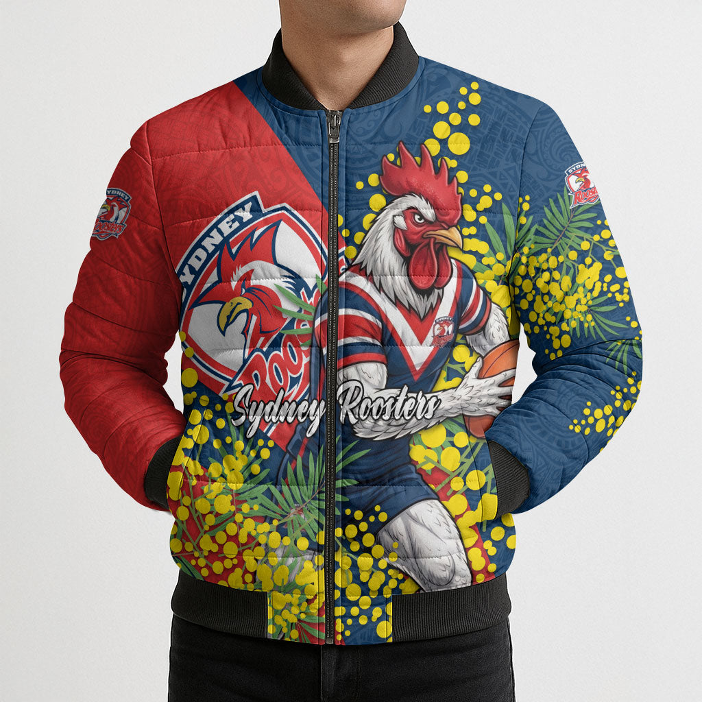 Sydney Roosters Bomber Puffer Jacket Golden Wattle Floral Polynesian - Australian Flower - Rugby Mascot