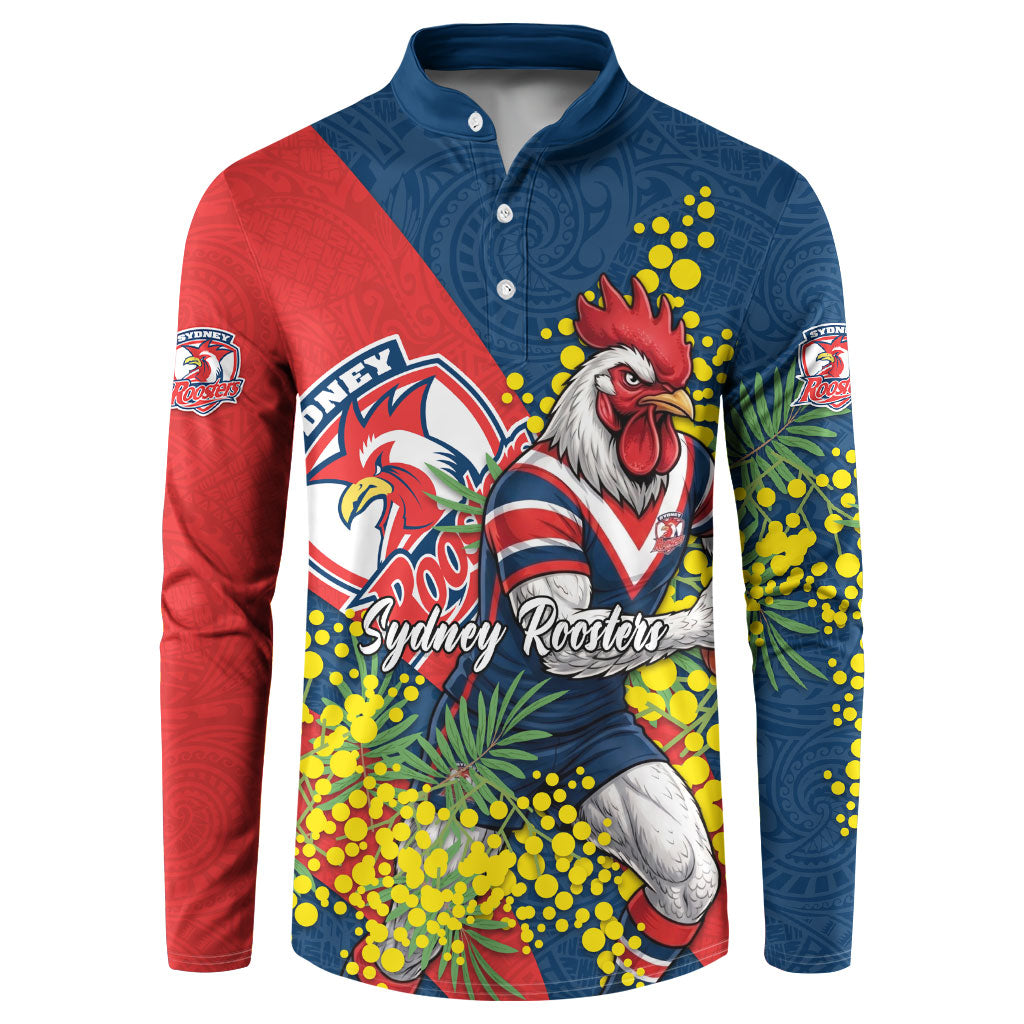 Sydney Roosters Button Sweatshirt Golden Wattle Floral Polynesian - Australian Flower - Rugby Mascot