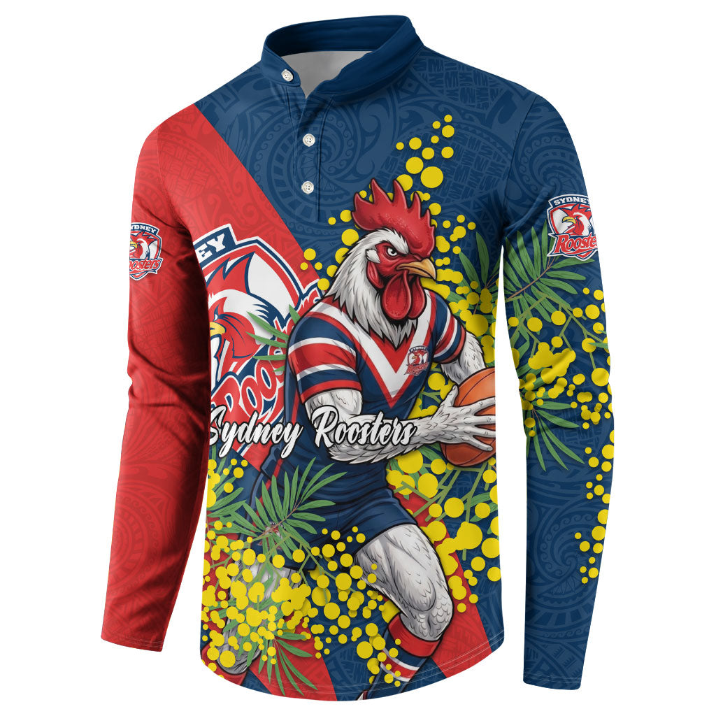 Sydney Roosters Button Sweatshirt Golden Wattle Floral Polynesian - Australian Flower - Rugby Mascot