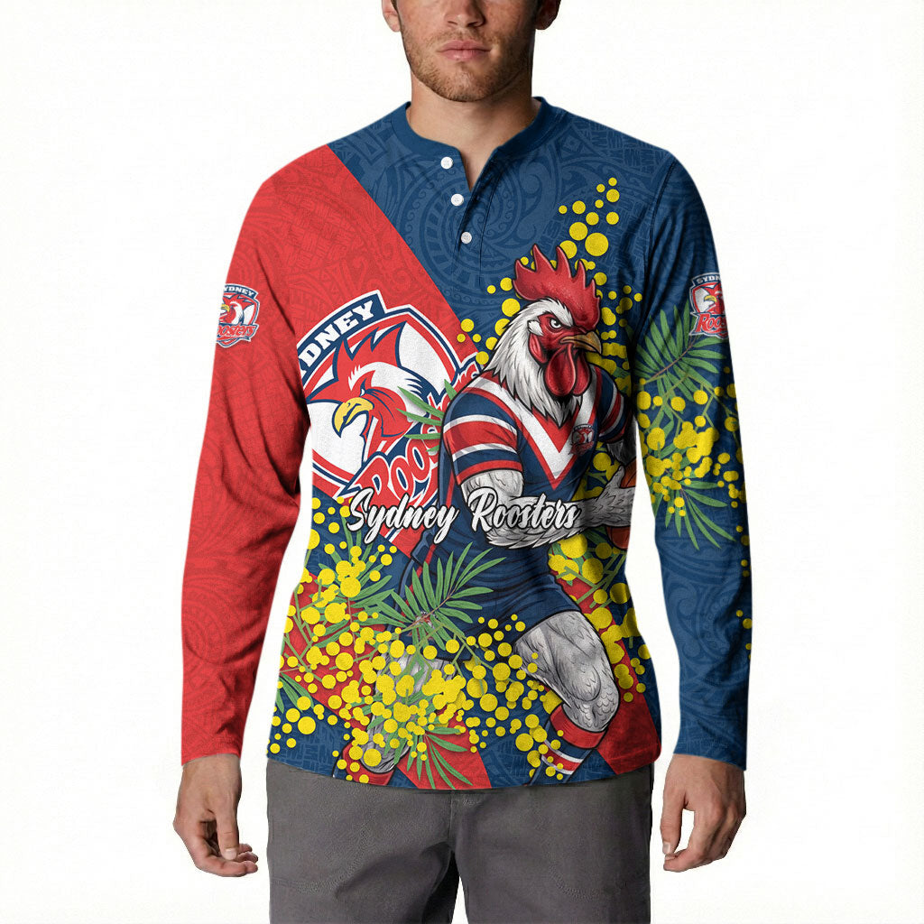 Sydney Roosters Button Sweatshirt Golden Wattle Floral Polynesian - Australian Flower - Rugby Mascot