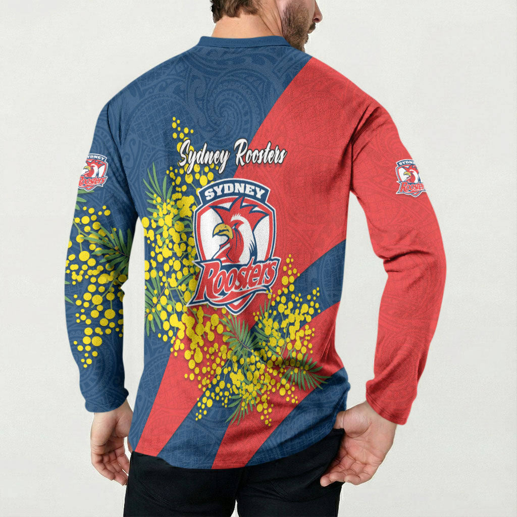 Sydney Roosters Button Sweatshirt Golden Wattle Floral Polynesian - Australian Flower - Rugby Mascot