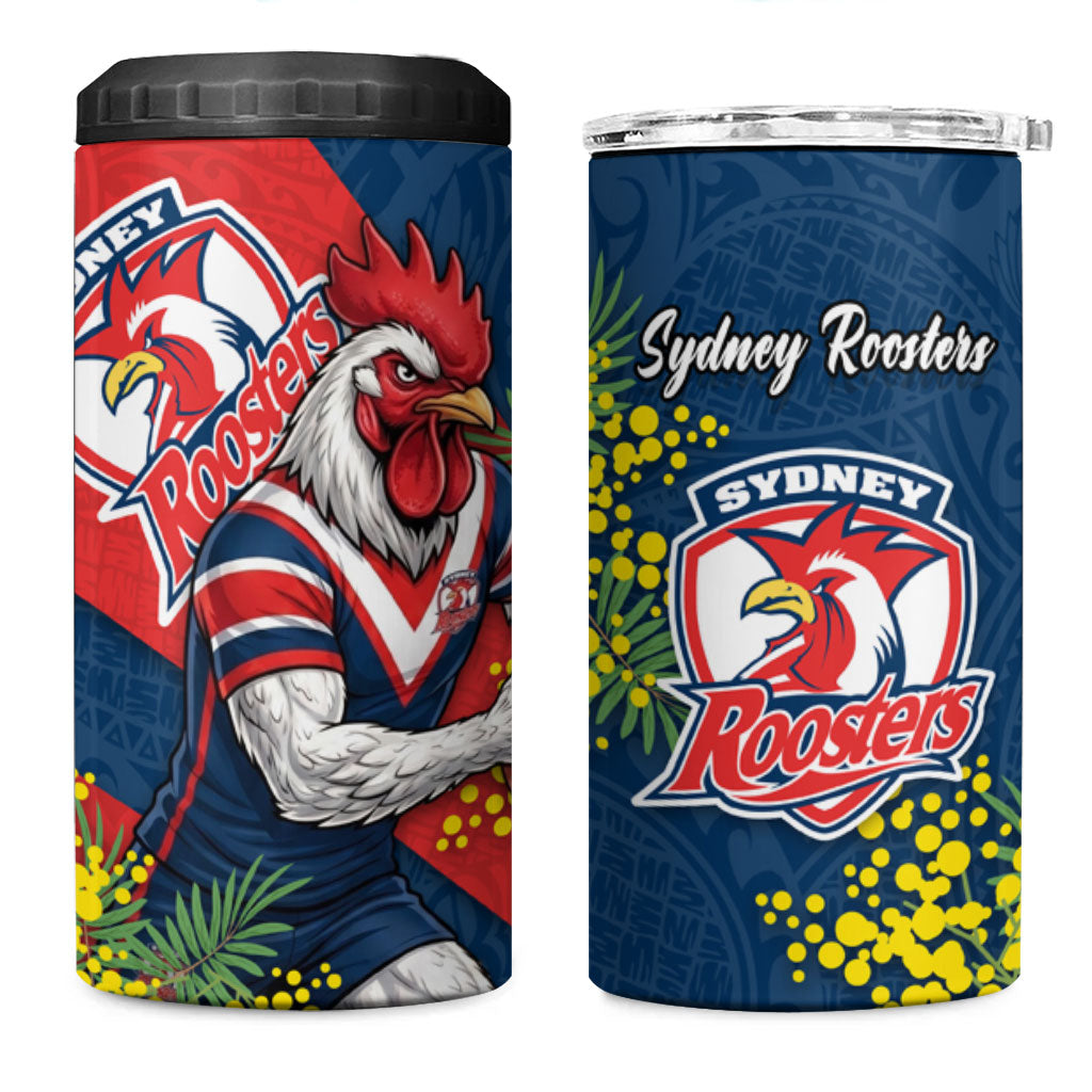 Sydney Roosters 4 in 1 Can Cooler Tumbler Golden Wattle Floral Polynesian - Australian Flower - Rugby Mascot