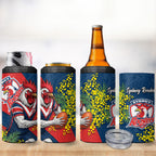 Sydney Roosters 4 in 1 Can Cooler Tumbler Golden Wattle Floral Polynesian - Australian Flower - Rugby Mascot