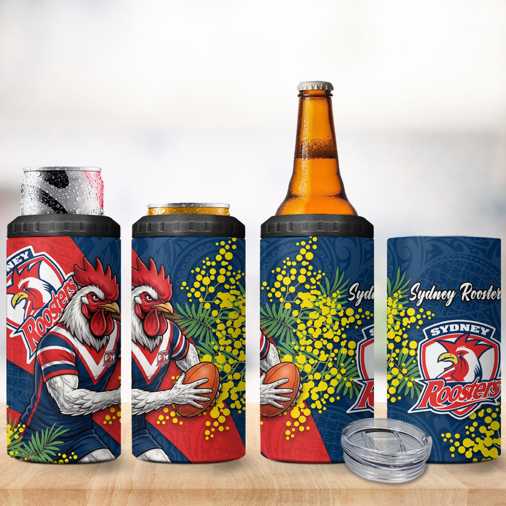Sydney Roosters 4 in 1 Can Cooler Tumbler Golden Wattle Floral Polynesian - Australian Flower - Rugby Mascot