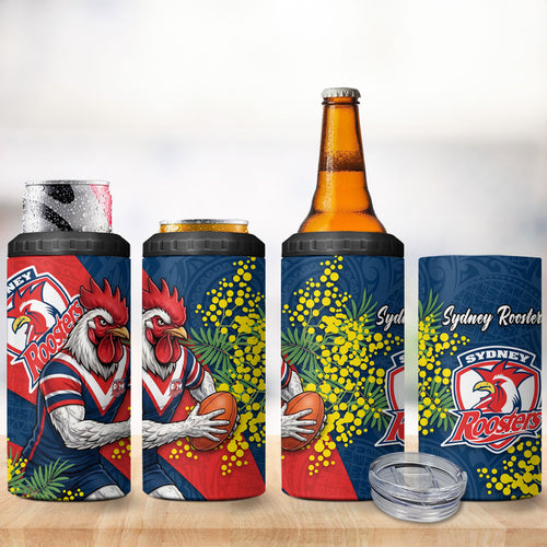 Sydney Roosters 4 in 1 Can Cooler Tumbler Golden Wattle Floral Polynesian - Australian Flower - Rugby Mascot