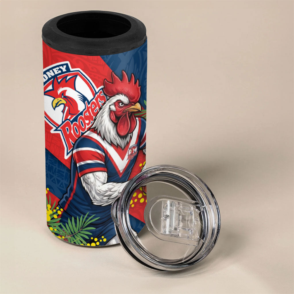 Sydney Roosters 4 in 1 Can Cooler Tumbler Golden Wattle Floral Polynesian - Australian Flower - Rugby Mascot