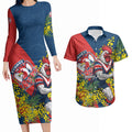 Sydney Roosters Couples Matching Long Sleeve Bodycon Dress and Hawaiian Shirt Golden Wattle Floral Polynesian - Australian Flower - Rugby Mascot