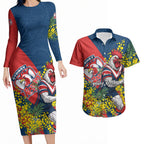 Sydney Roosters Couples Matching Long Sleeve Bodycon Dress and Hawaiian Shirt Golden Wattle Floral Polynesian - Australian Flower - Rugby Mascot