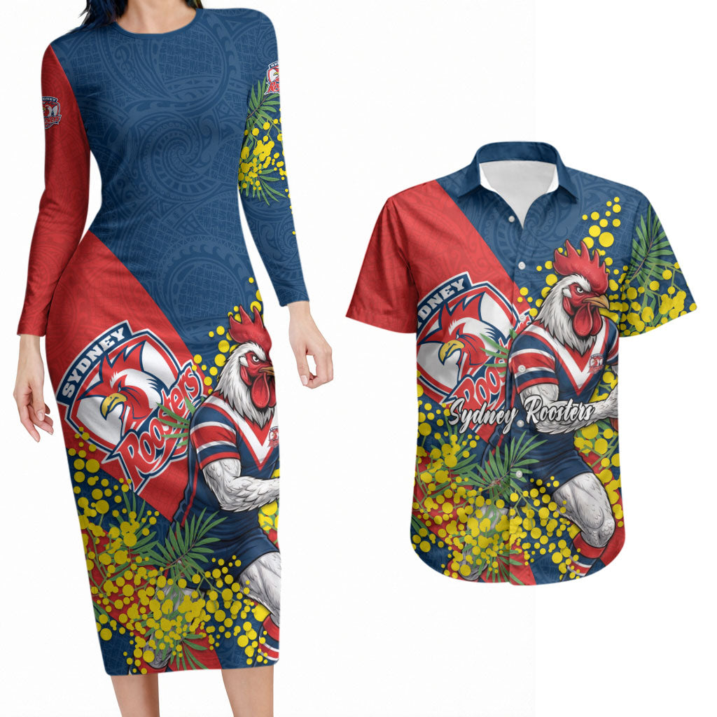 Sydney Roosters Couples Matching Long Sleeve Bodycon Dress and Hawaiian Shirt Golden Wattle Floral Polynesian - Australian Flower - Rugby Mascot
