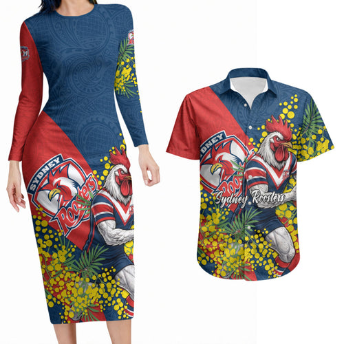 Sydney Roosters Couples Matching Long Sleeve Bodycon Dress and Hawaiian Shirt Golden Wattle Floral Polynesian - Australian Flower - Rugby Mascot