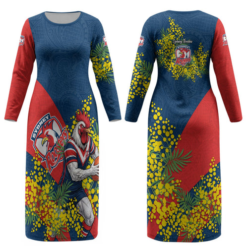 Sydney Roosters Couples Matching Long Sleeve Bodycon Dress and Hawaiian Shirt Golden Wattle Floral Polynesian - Australian Flower - Rugby Mascot