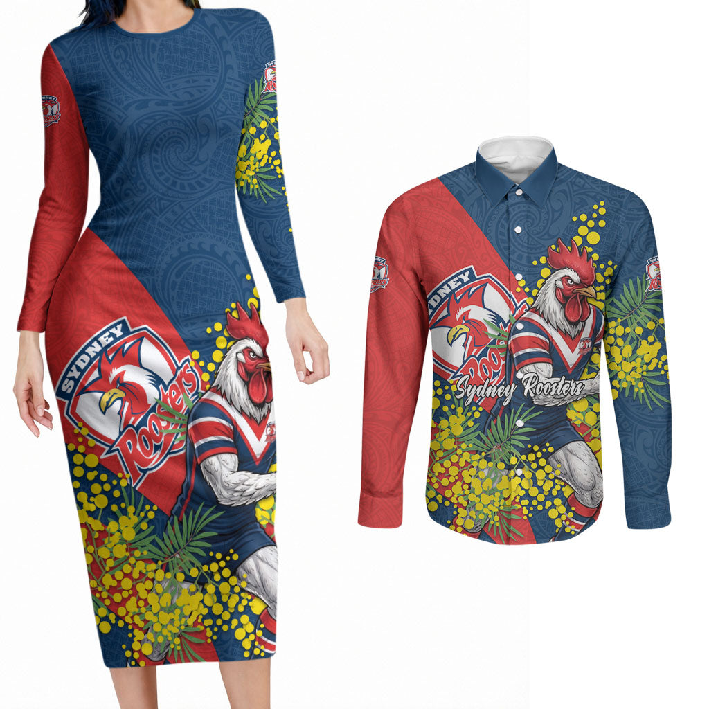 Sydney Roosters Couples Matching Long Sleeve Bodycon Dress and Long Sleeve Button Shirt Golden Wattle Floral Polynesian - Australian Flower - Rugby Mascot