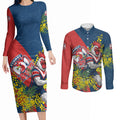 Sydney Roosters Couples Matching Long Sleeve Bodycon Dress and Long Sleeve Button Shirt Golden Wattle Floral Polynesian - Australian Flower - Rugby Mascot