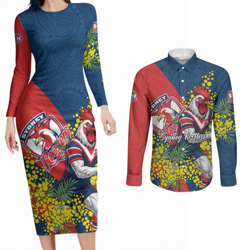 Sydney Roosters Couples Matching Long Sleeve Bodycon Dress and Long Sleeve Button Shirt Golden Wattle Floral Polynesian - Australian Flower - Rugby Mascot