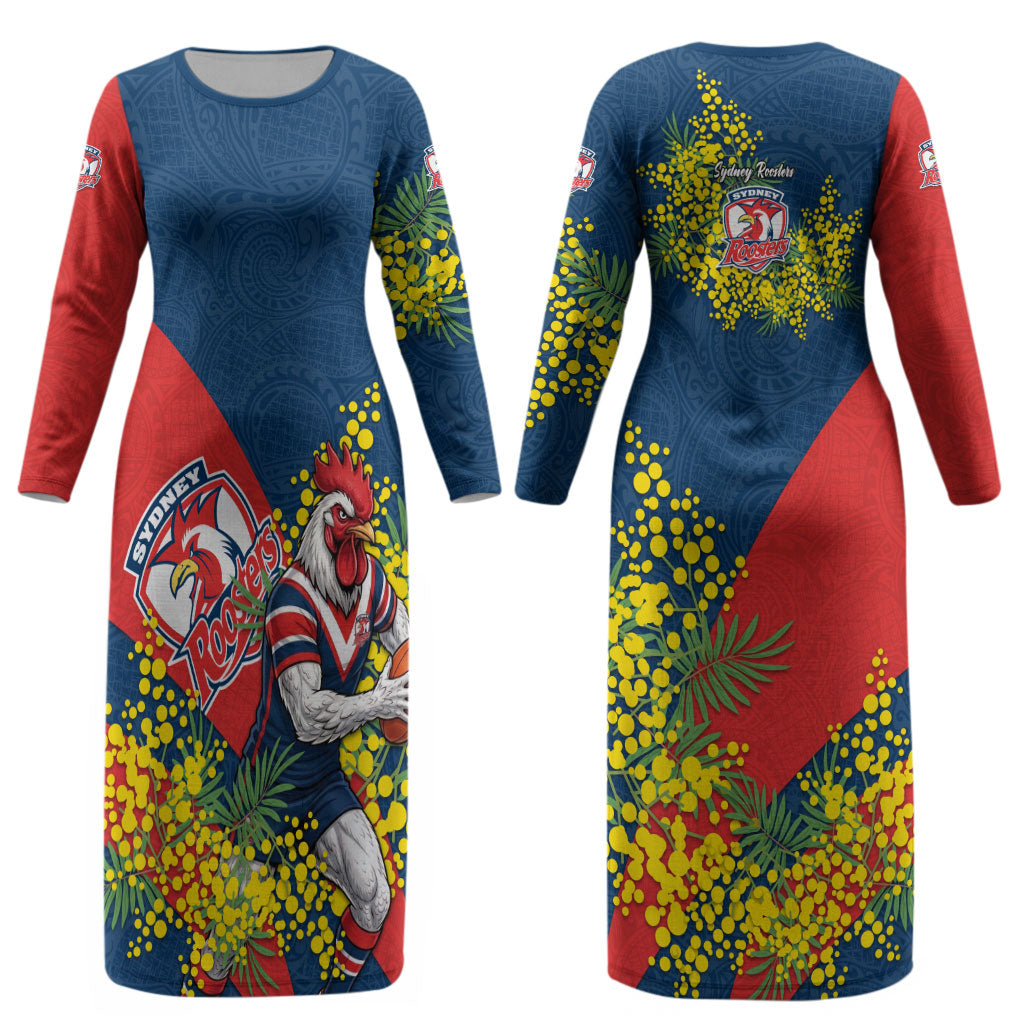 Sydney Roosters Couples Matching Long Sleeve Bodycon Dress and Long Sleeve Button Shirt Golden Wattle Floral Polynesian - Australian Flower - Rugby Mascot