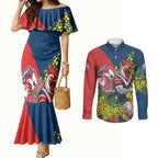 Sydney Roosters Couples Matching Mermaid Dress and Long Sleeve Button Shirt Golden Wattle Floral Polynesian - Australian Flower - Rugby Mascot