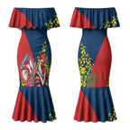 Sydney Roosters Couples Matching Mermaid Dress and Long Sleeve Button Shirt Golden Wattle Floral Polynesian - Australian Flower - Rugby Mascot